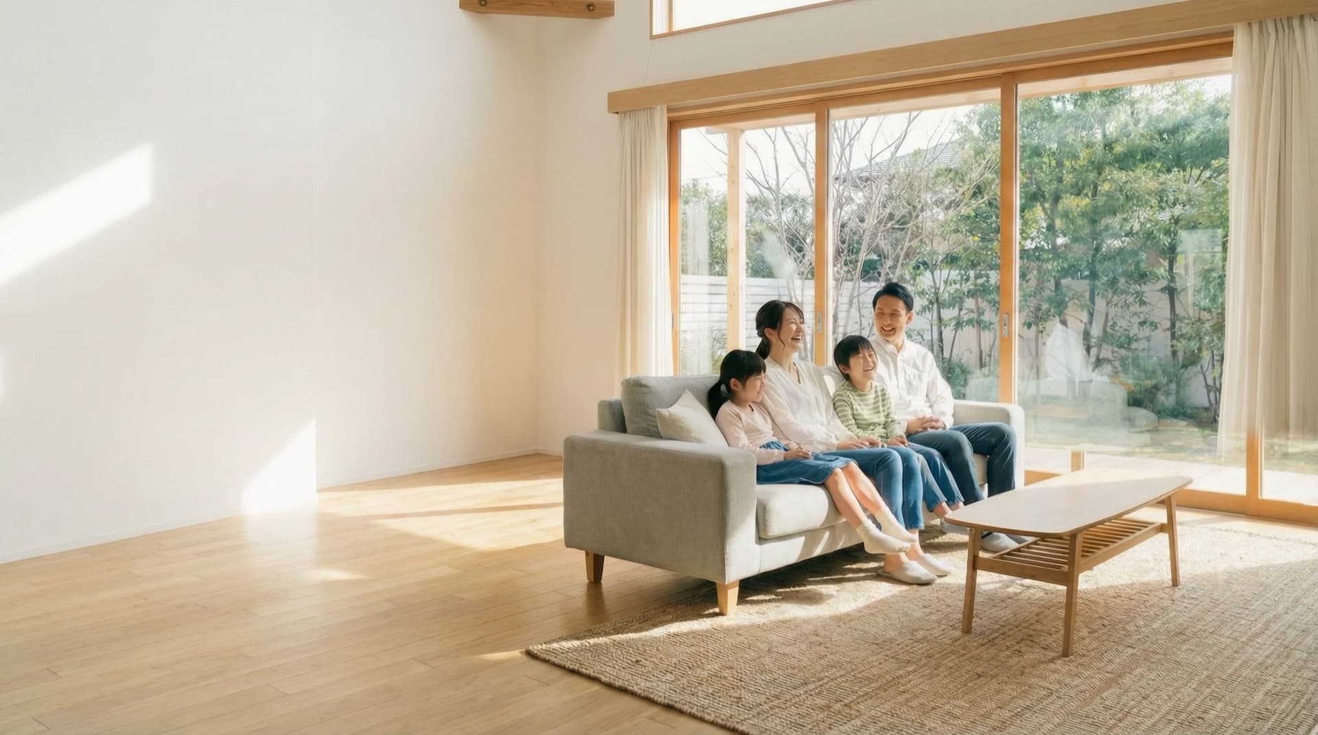 リフォーム後の明るいリビングでくつろぐ家族