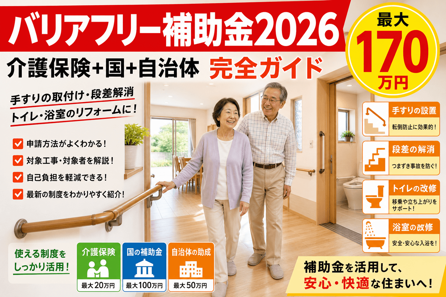 バリアフリー補助金2026|介護保険20万+47都道府県の独自制度・申請完全ガイド