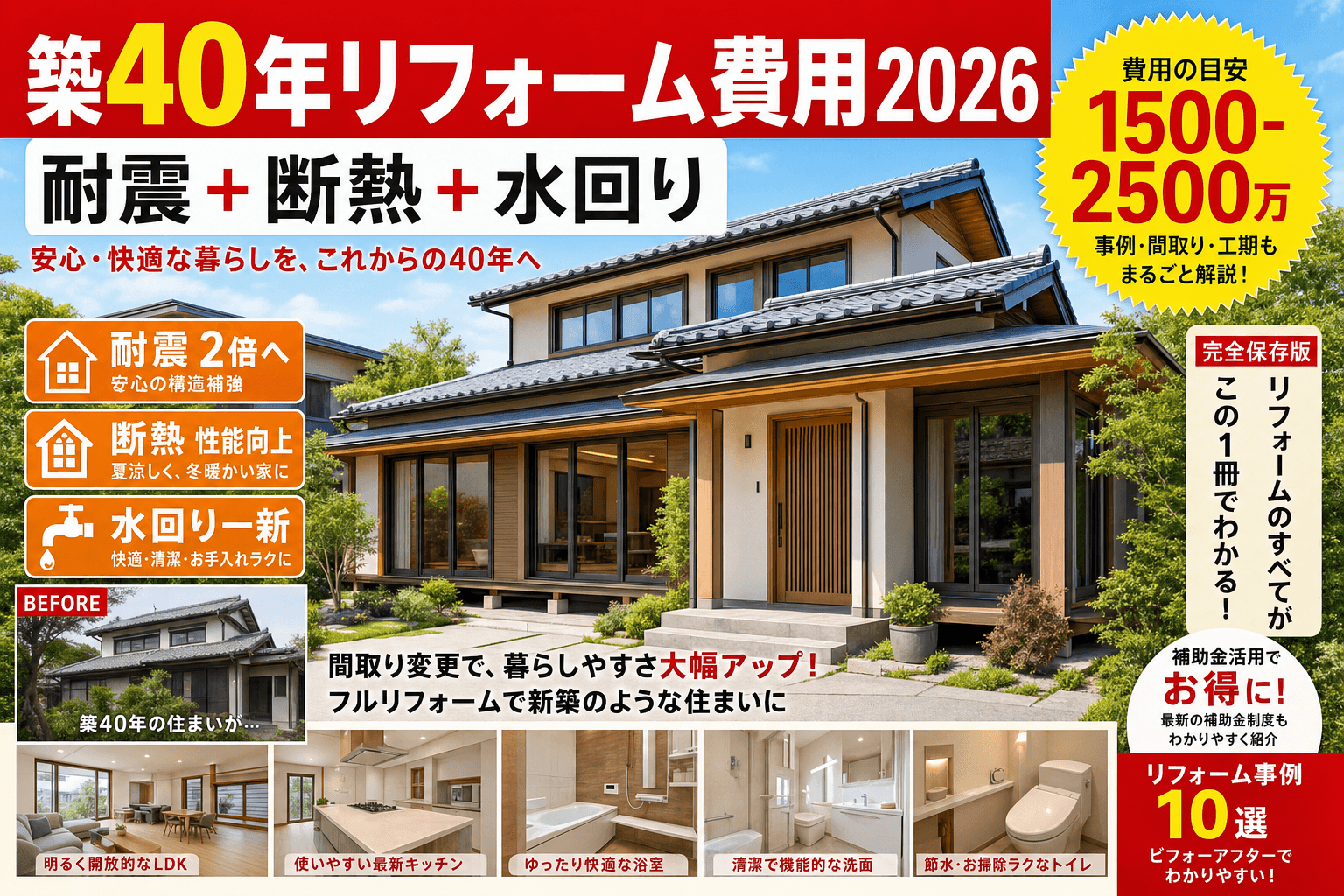 築40年リフォーム費用2026|耐震+断熱+水回りで1500-2500万円・補助金最大400万円