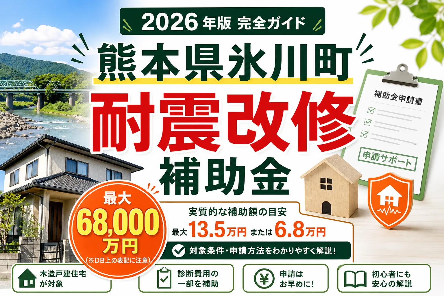 【熊本県氷川町】耐震改修補助金は最大68000万円|2026年版完全ガイド