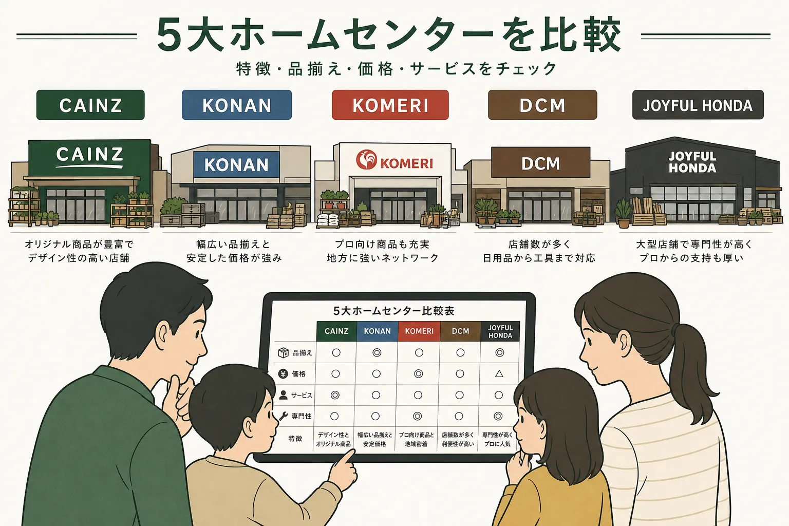 ホームセンターリフォーム5社徹底比較|カインズ・コーナン・コメリ・DCM・ジョイフル本田 2026年5月