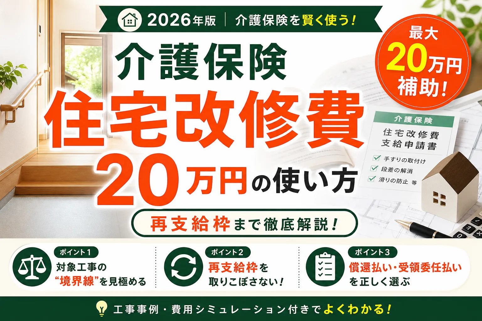 介護保険の住宅改修費は最大20万円|手すり・段差解消で7-9割支給 2026年版