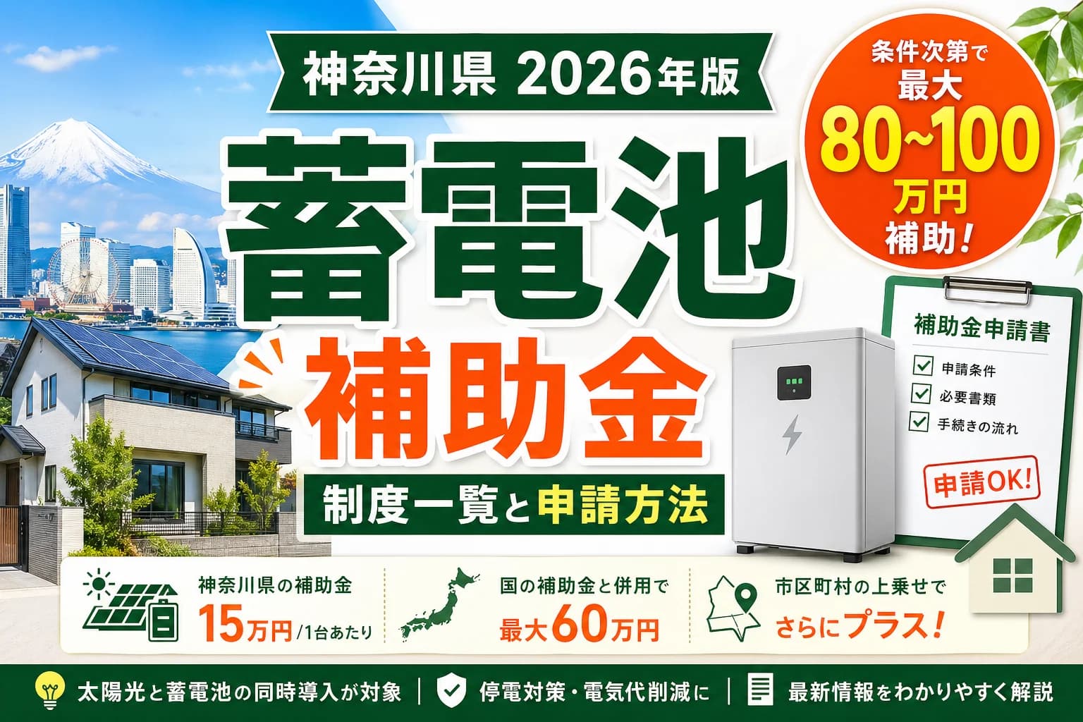 【神奈川県2026年版】蓄電池補助金|制度一覧と申請方法