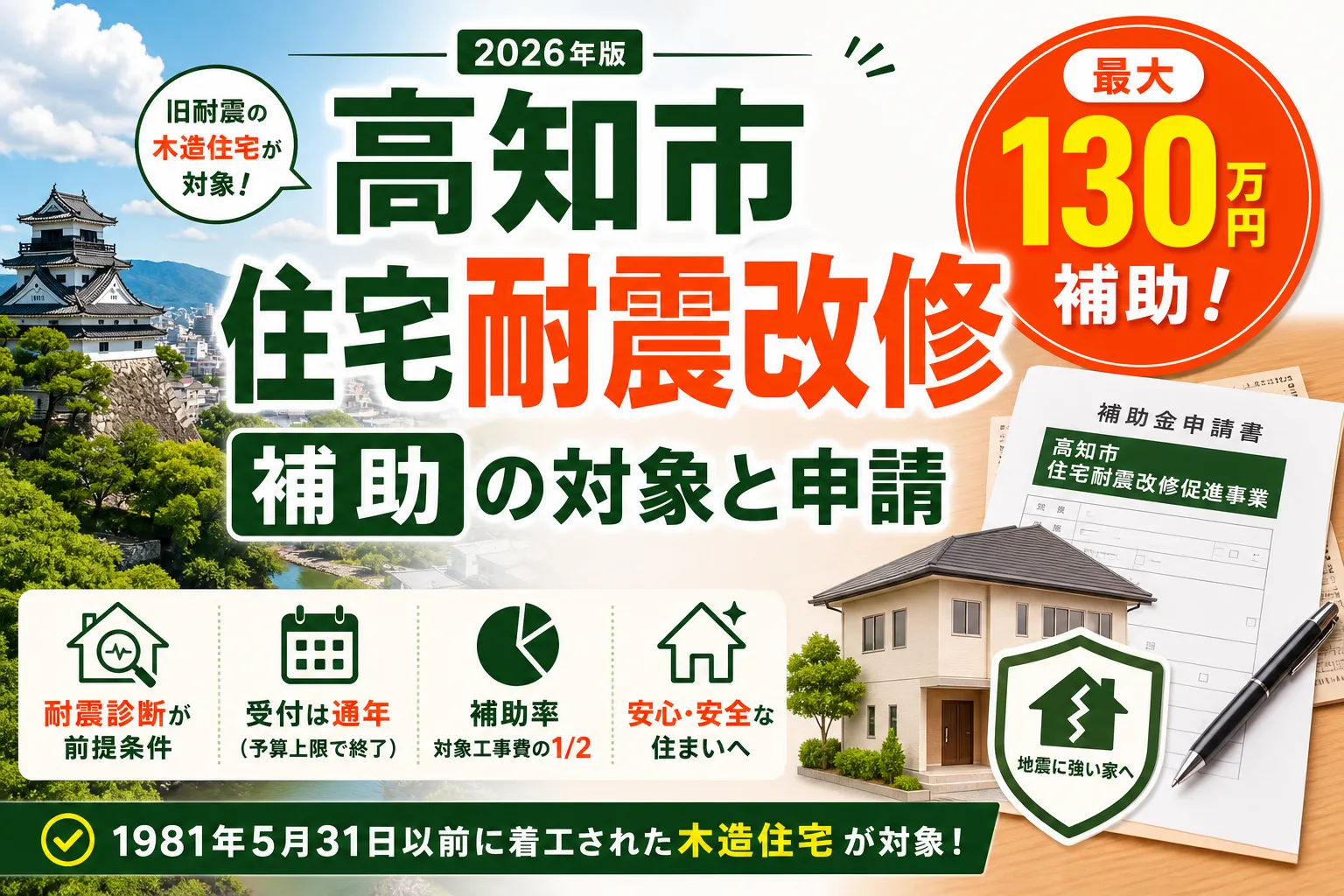 【高知県高知市】耐震改修補助金は最大130万円|2026年版完全ガイド