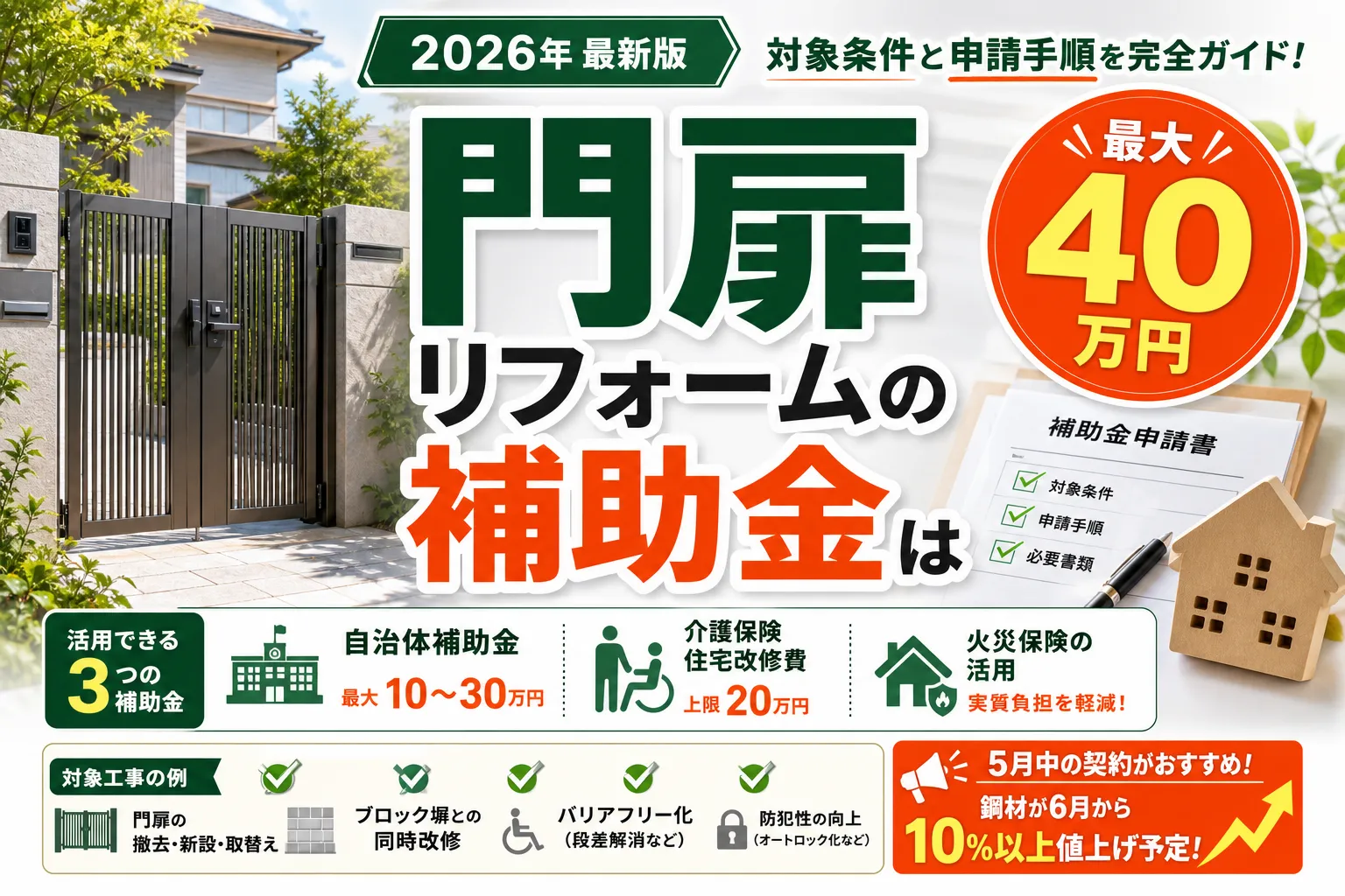 門扉リフォームの補助金は最大40万円|2026年最新の対象条件と申請手順