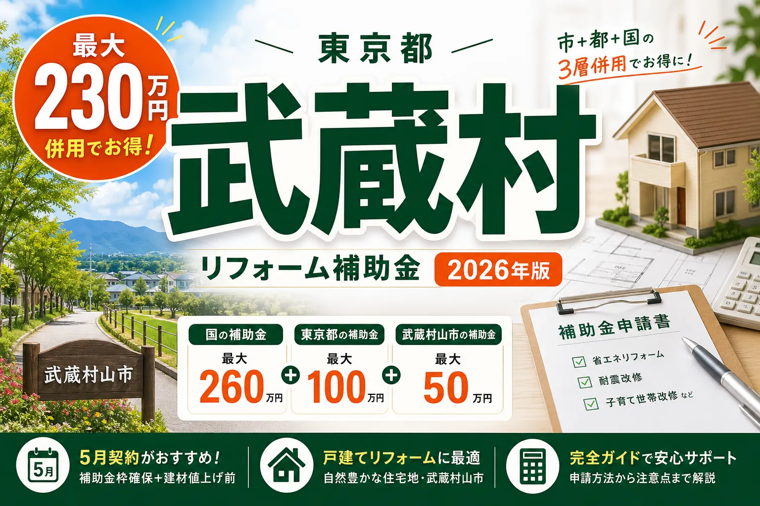 【東京都武蔵村山市】リフォーム助成金は最大230万円|2026年8月最新の市+都+国併用ガイド