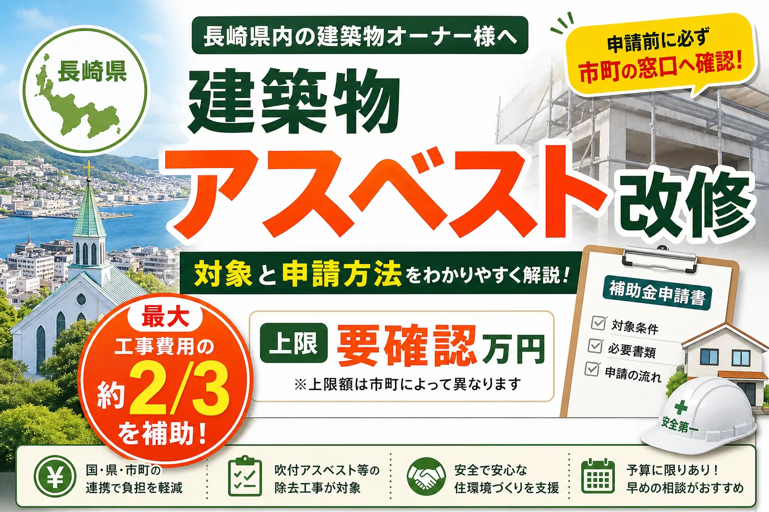 【長崎県】建築物アスベスト改修|上限(要確認)万円の対象と申請