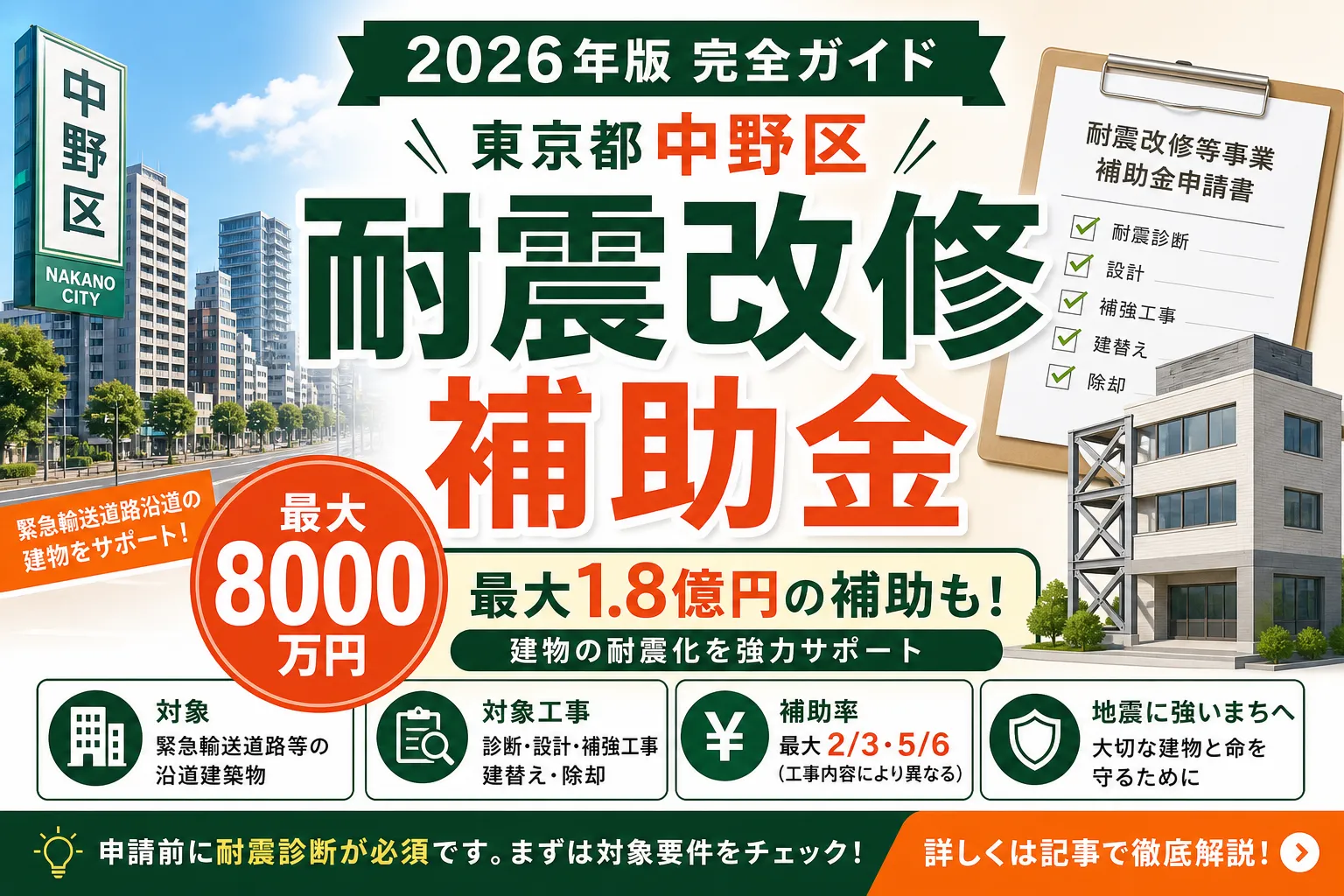 【東京都中野区】耐震改修補助金は最大8000万円|2026年版完全ガイド