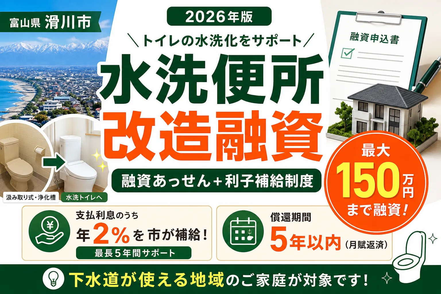 【富山県滑川市】水洗便所改造融資|150万円融資+2%利子補給