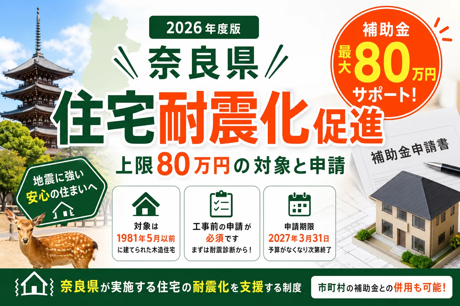 【奈良県】耐震改修補助金は最大80万円|2026年版完全ガイド