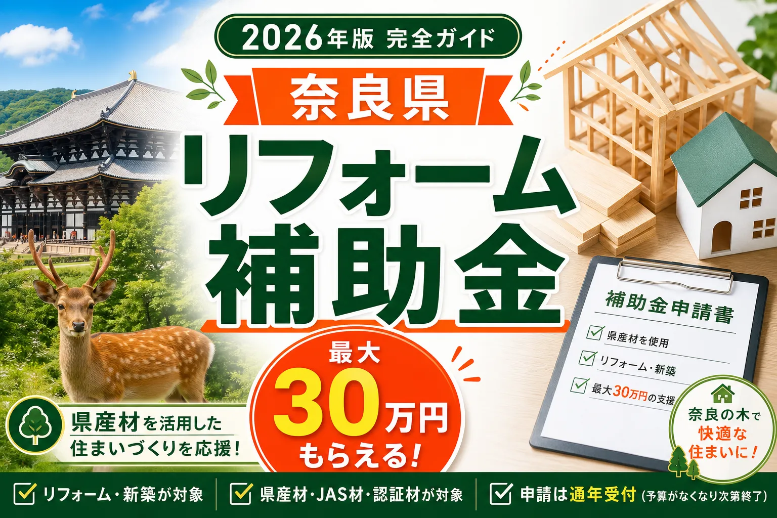 【奈良県】リフォーム補助金は最大30万円|2026年版完全ガイド
