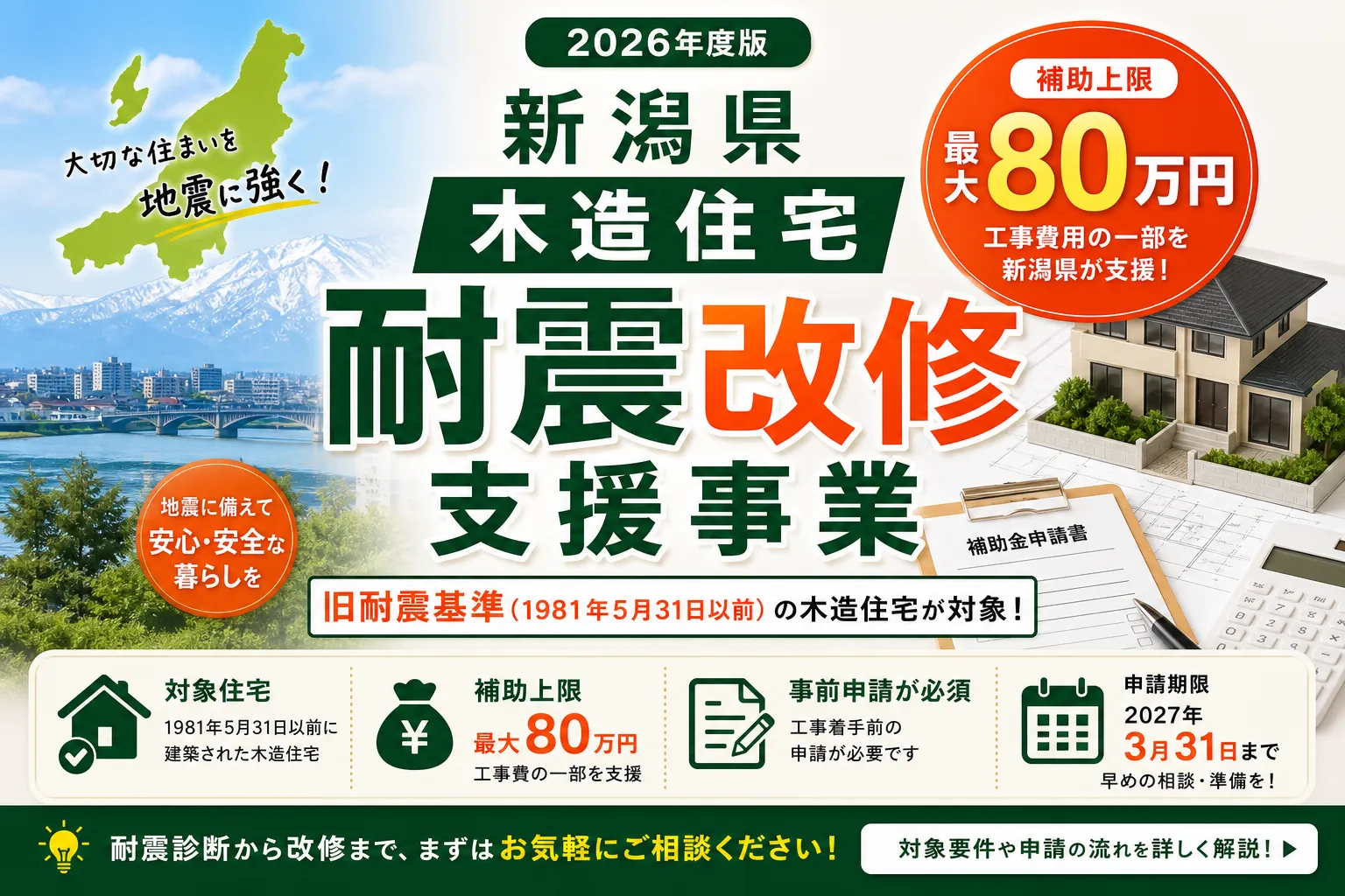【新潟県】耐震改修補助金は最大80万円|2026年版完全ガイド