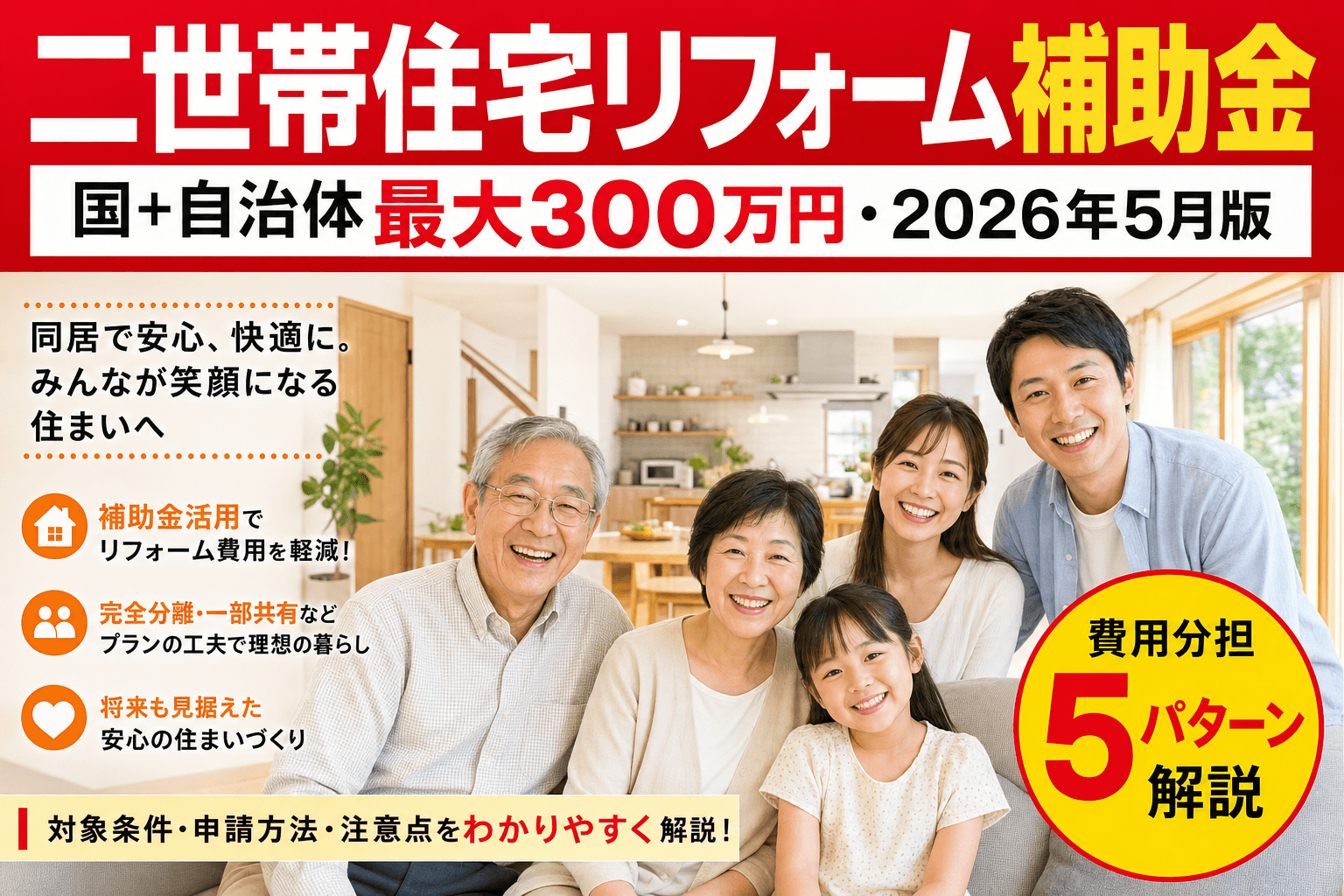 二世帯住宅リフォーム補助金2026完全ガイド|国+自治体最大300万円・親世帯/子世帯の費用分担