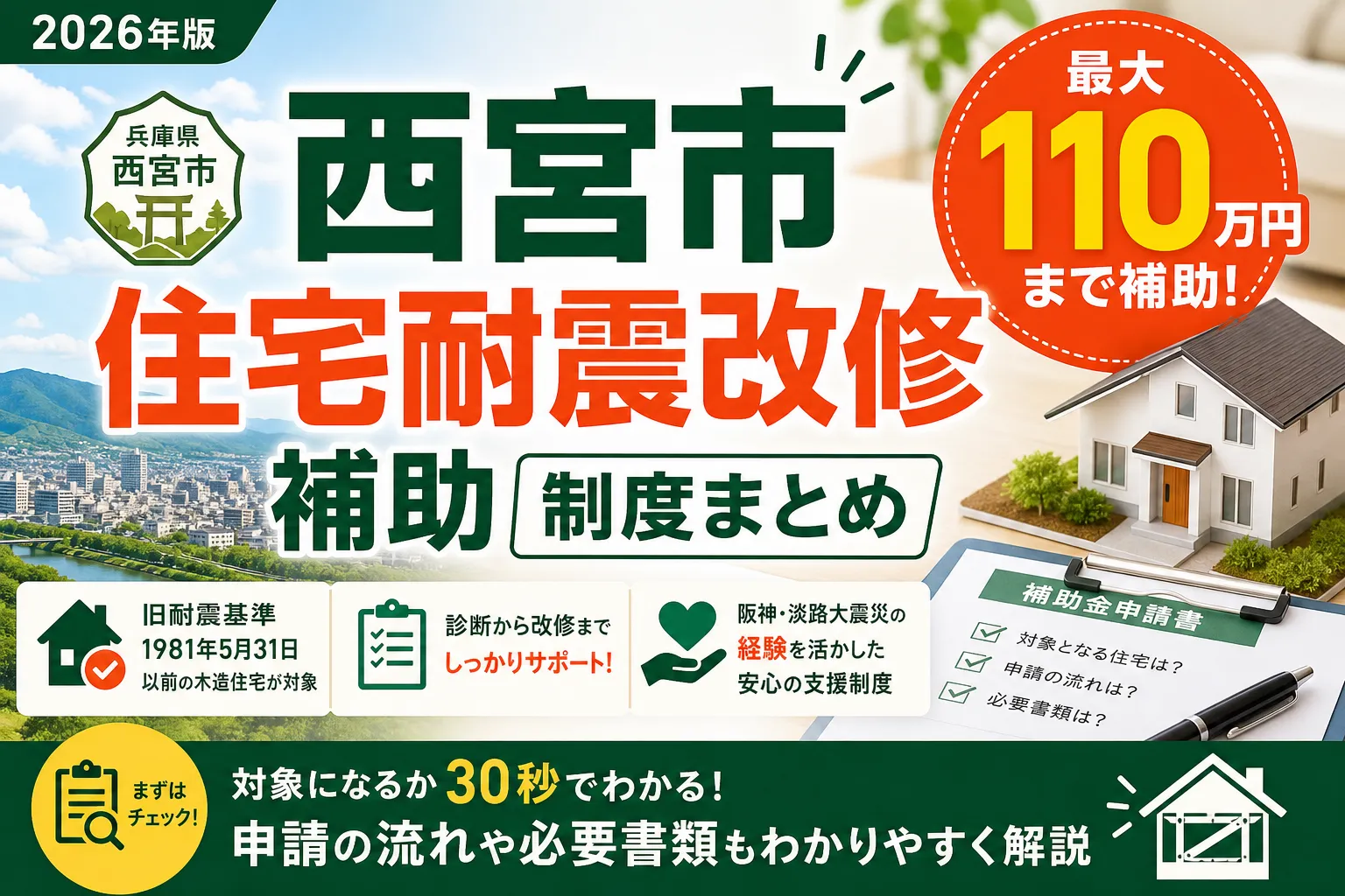 【兵庫県西宮市】耐震改修補助金は最大110万円|2026年版完全ガイド
