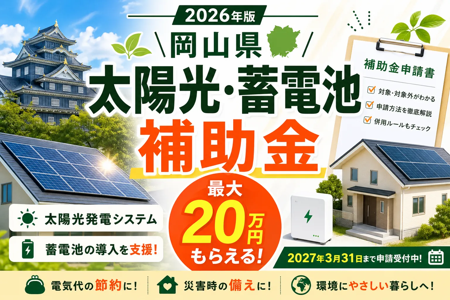 【岡山県】太陽光・蓄電池補助金は最大20万円|2026年版完全ガイド