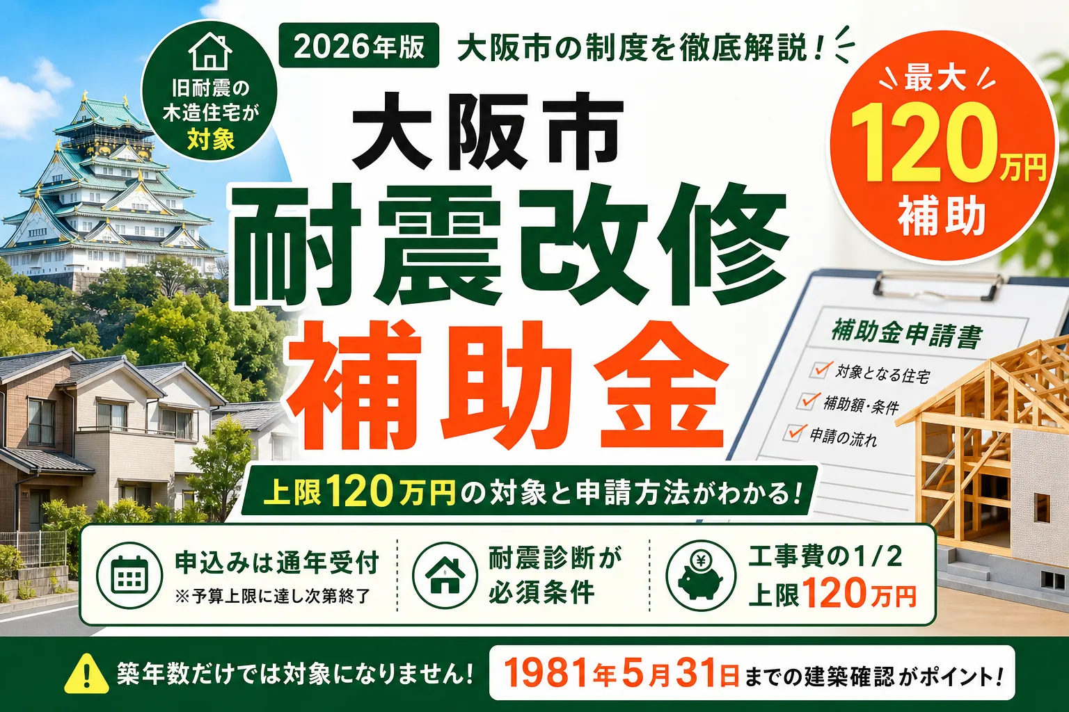 【大阪府大阪市】耐震改修補助金は最大120万円|2026年版完全ガイド