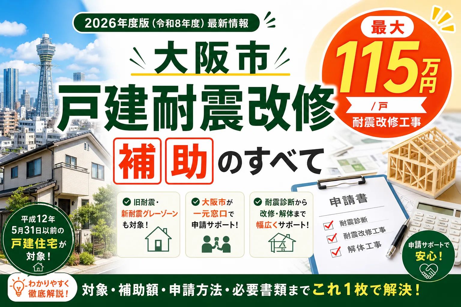 大阪市 戸建耐震改修補助|上限115万円の対象と申請