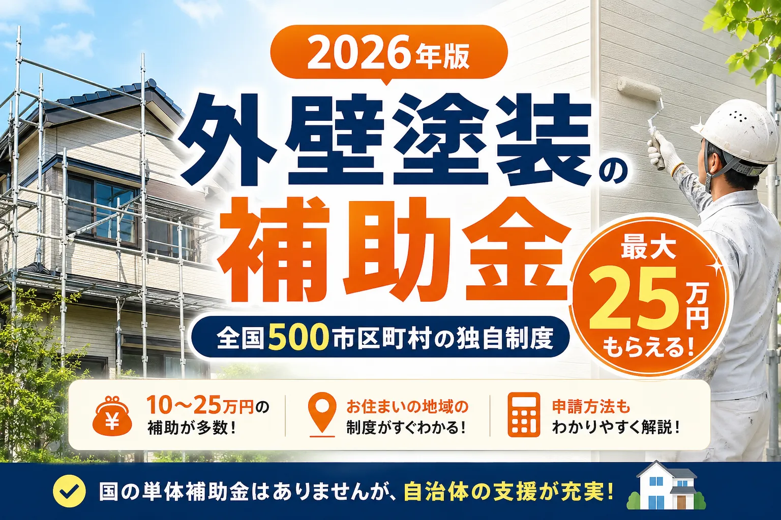 外壁塗装の補助金2026|全国500市区町村の独自制度+業者選びと申請の流れ
