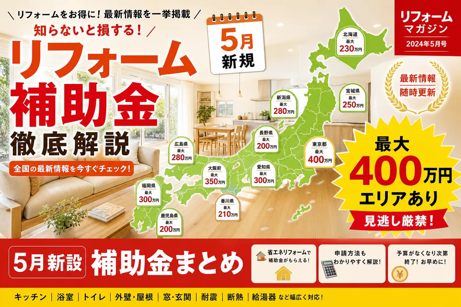 2026年5月 新規開設の都道府県・市区町村リフォーム補助金まとめ|エリア別に厳選