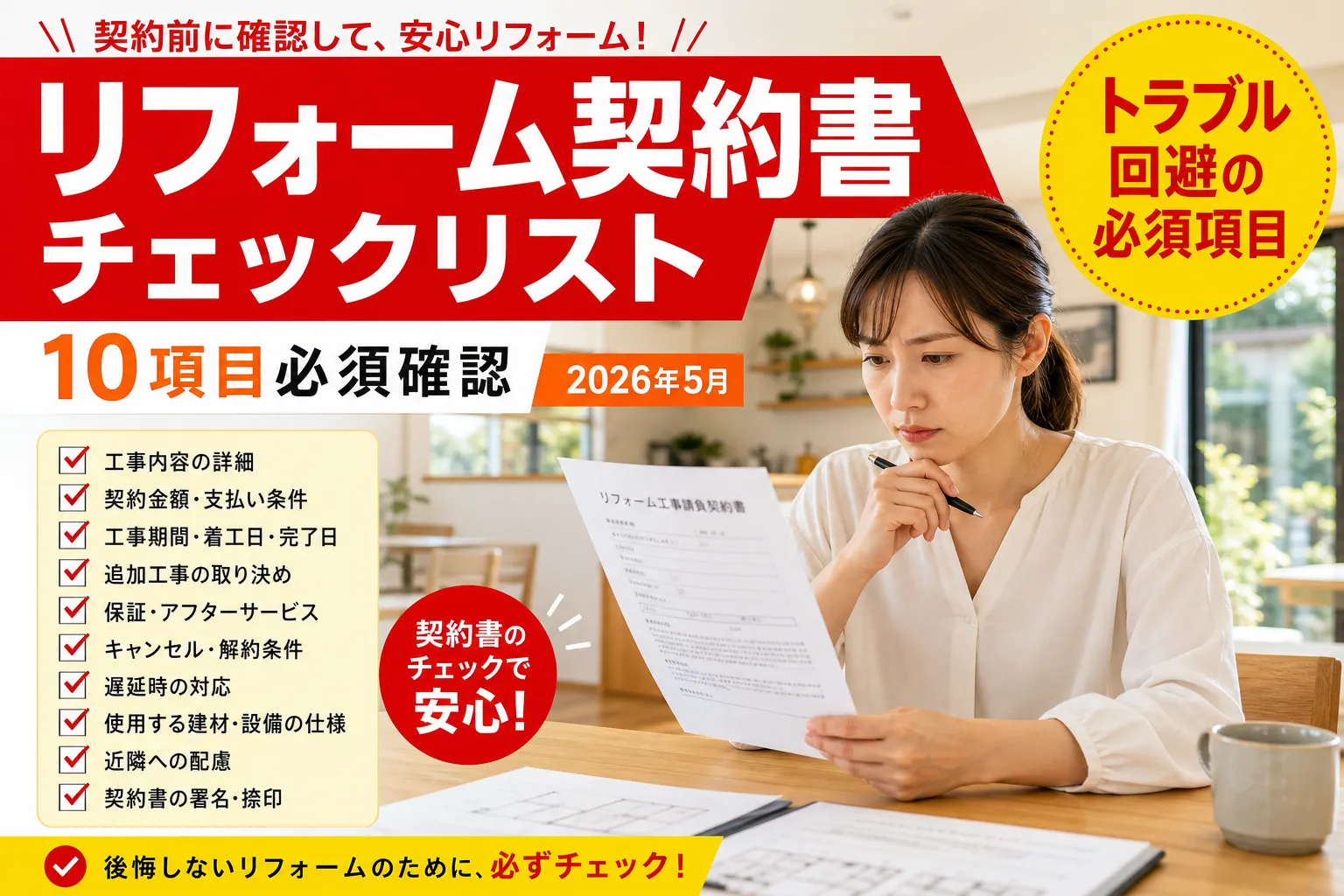 リフォーム契約書チェックリスト10項目|トラブル回避の必須確認 2026年8月版