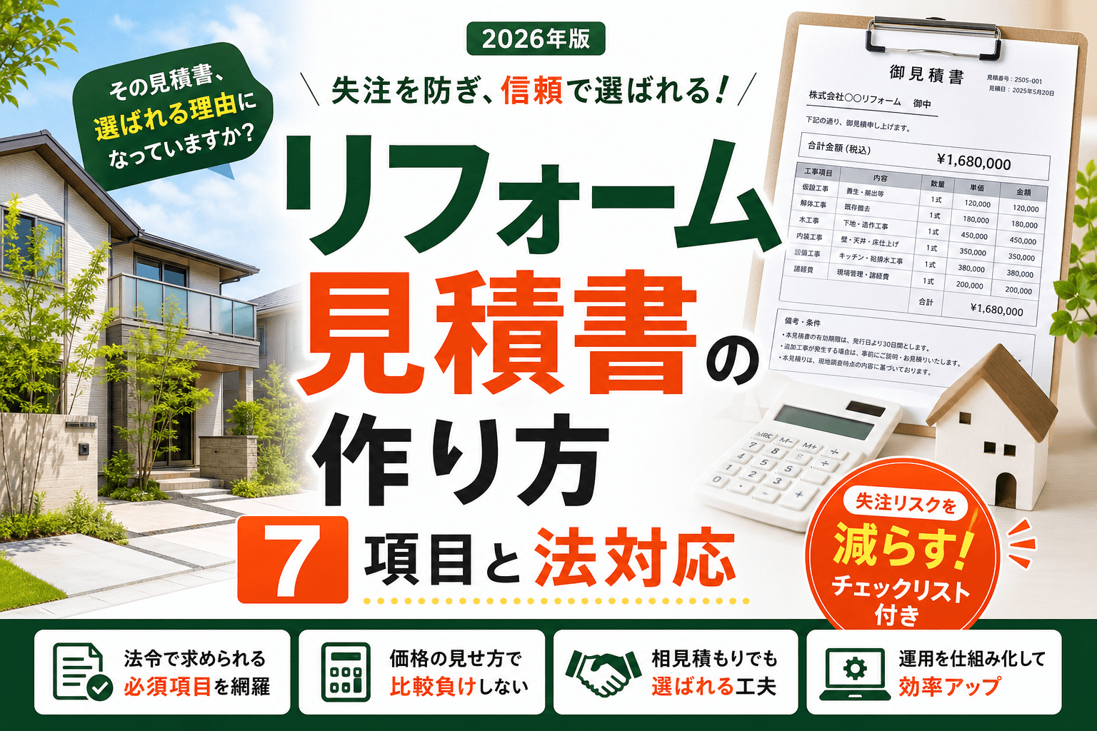 リフォーム見積書の作り方|失注を防ぐ7項目と法対応