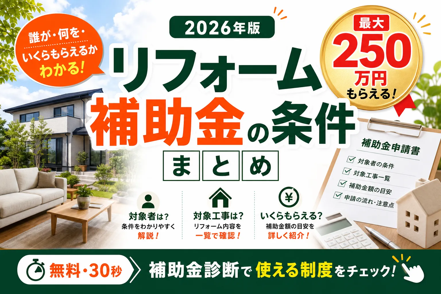 リフォーム補助金の条件まとめ|誰が・何を・いくらもらえるか