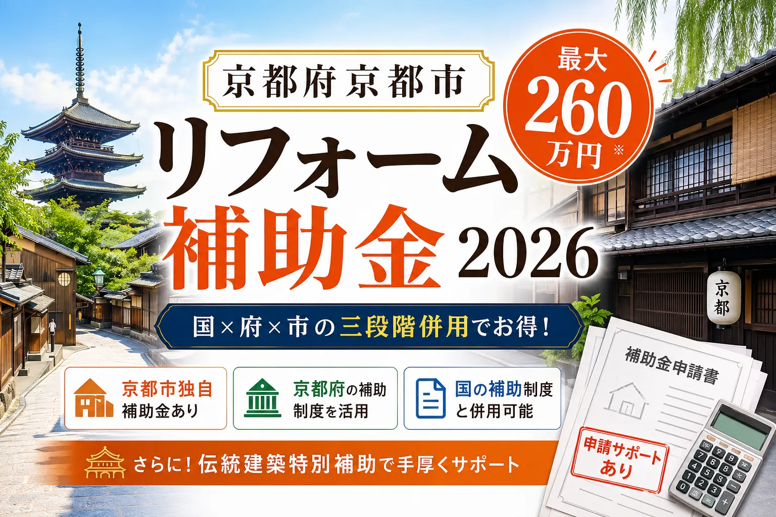 京都市のリフォーム補助金は最大300万円|2026年8月最新の市+府+国併用ガイド