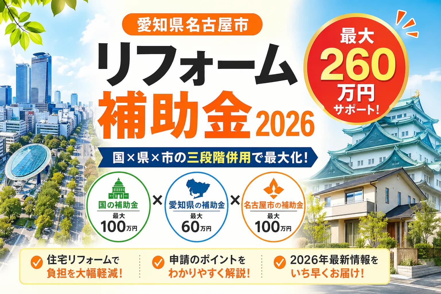 名古屋市のリフォーム補助金は最大350万円|2026年8月最新の市+県+国併用ガイド