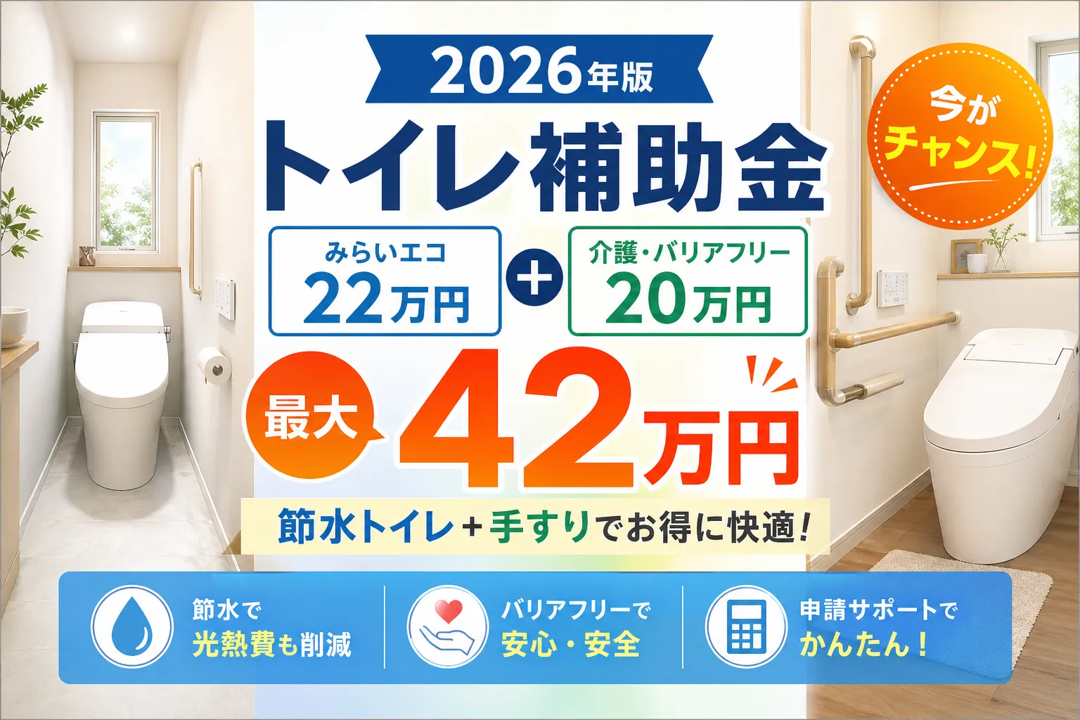 トイレリフォーム補助金2026|みらいエコ住宅2026と介護保険20万円の併用ガイド