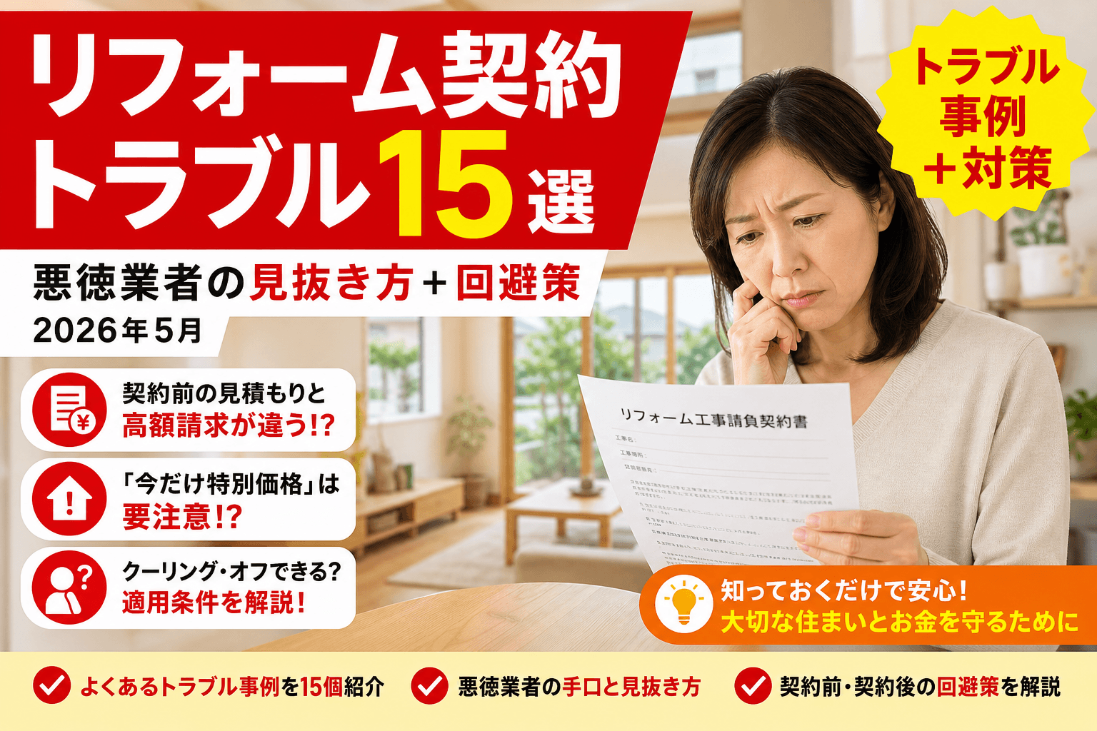 リフォーム契約トラブル事例15選+回避策2026|悪徳業者の見抜き方と相談窓口