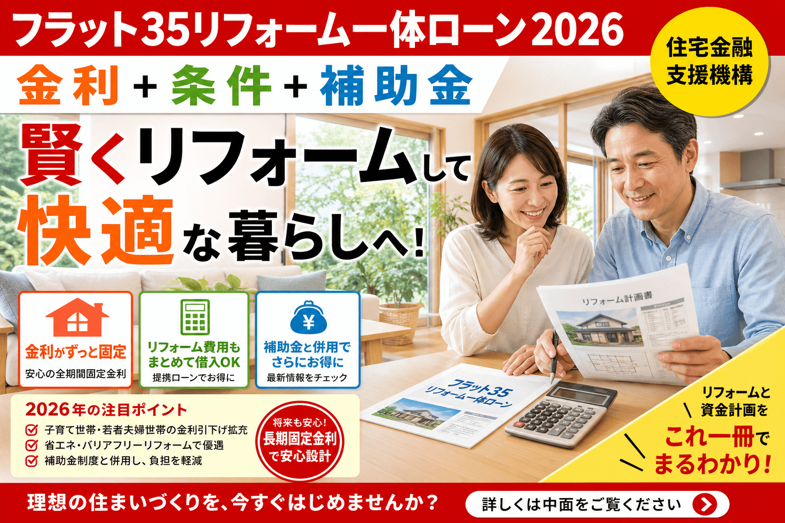 フラット35リフォーム一体ローン2026|金利+条件+補助金との相性