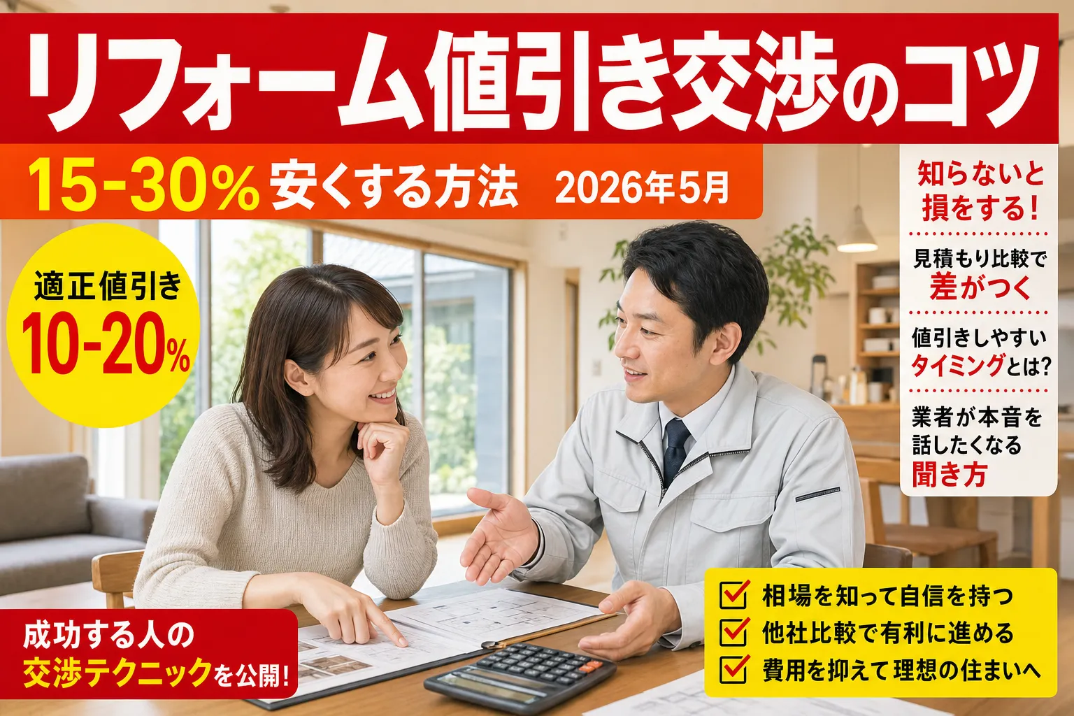 リフォーム値引き交渉のコツ|15-30%安くする5つの方法 2026年8月版