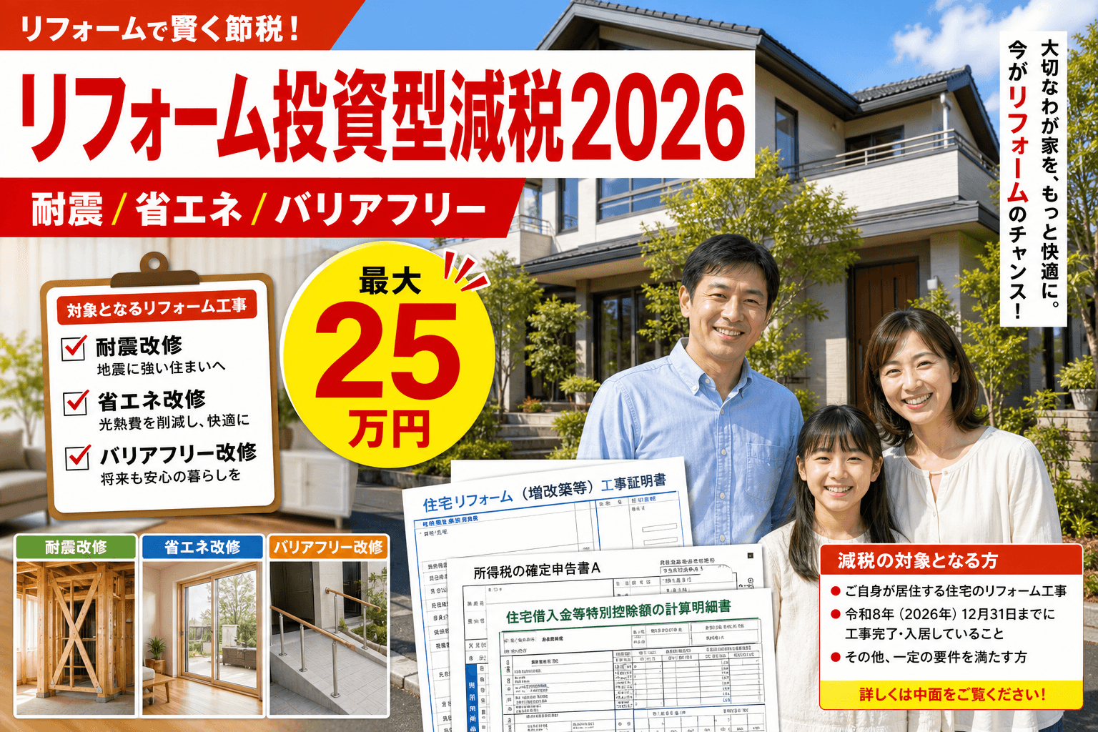 リフォーム投資型減税2026完全ガイド|耐震/省エネ/バリアフリーで最大25万円減税