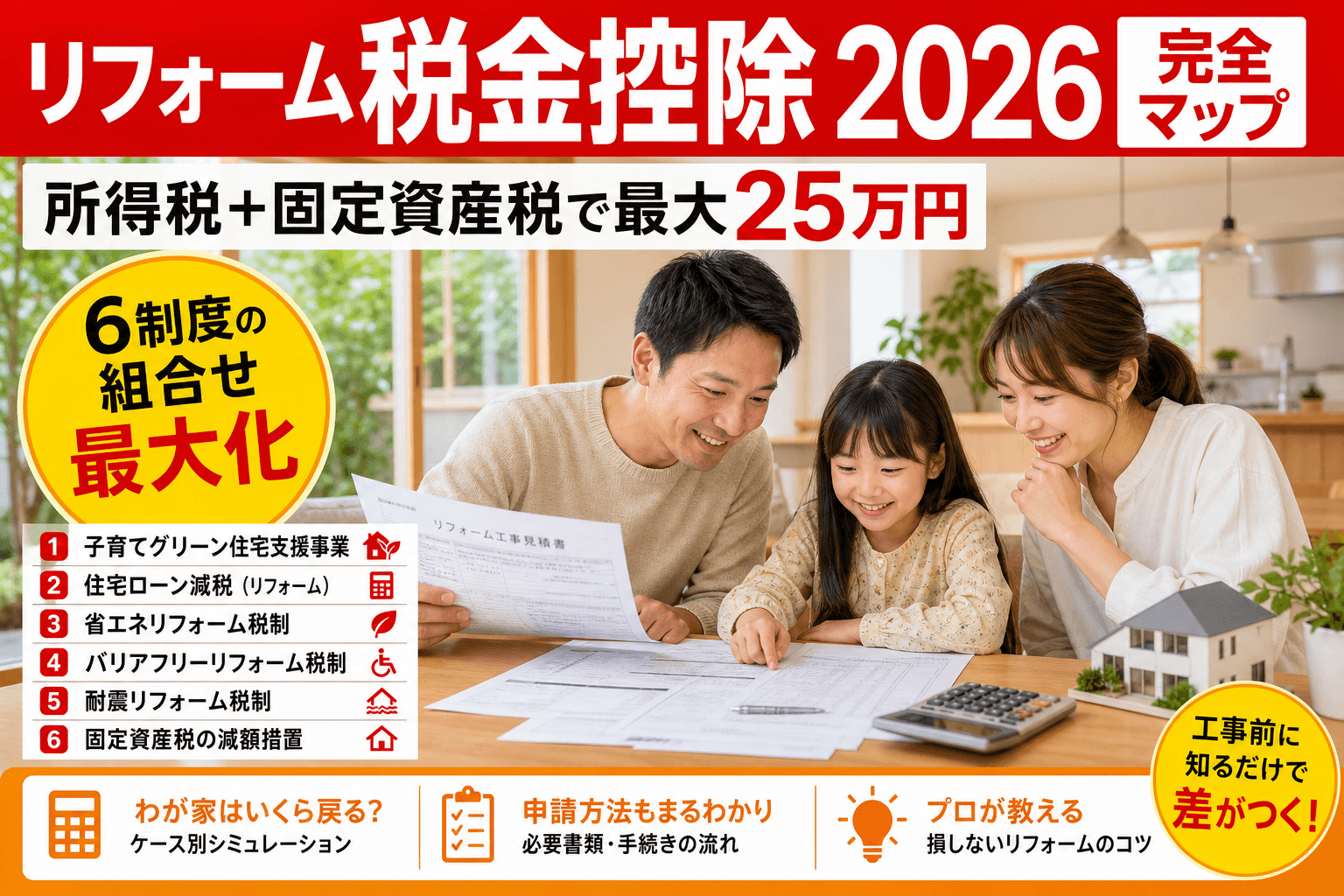 リフォーム税金控除2026完全マップ|所得税15-25万円+固定資産税減額の組合せ