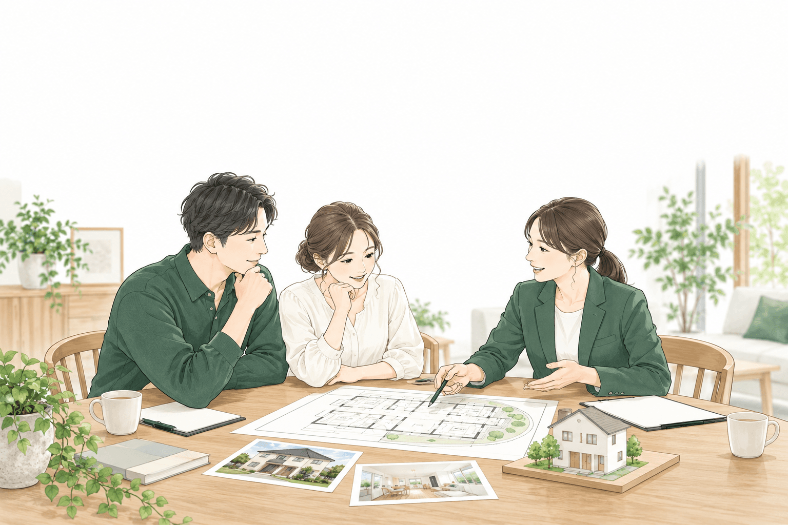 住まいの図面を見ながら相談する家族と担当者の一般イラスト