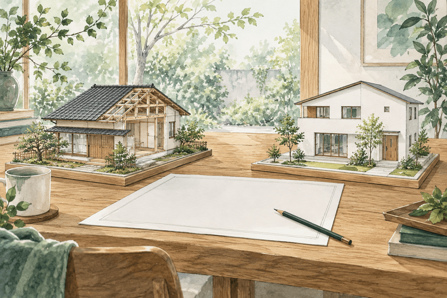 既存の構造を生かす家と新しく建てる家の模型を並べた比較イメージ