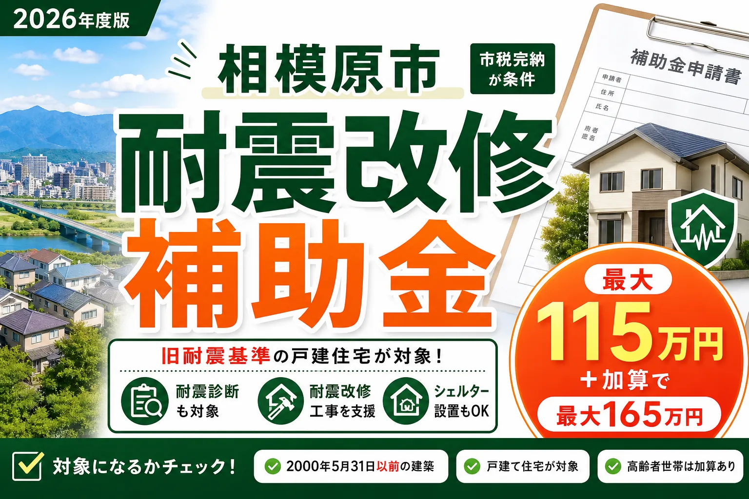 【相模原市】木造住宅の耐震改修補助2026|工事費4/5・上限115万円