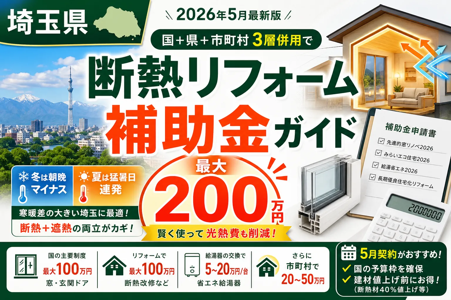 【埼玉県】断熱リフォーム補助金は最大200万円|2026年8月最新の国+県+市町村ガイド