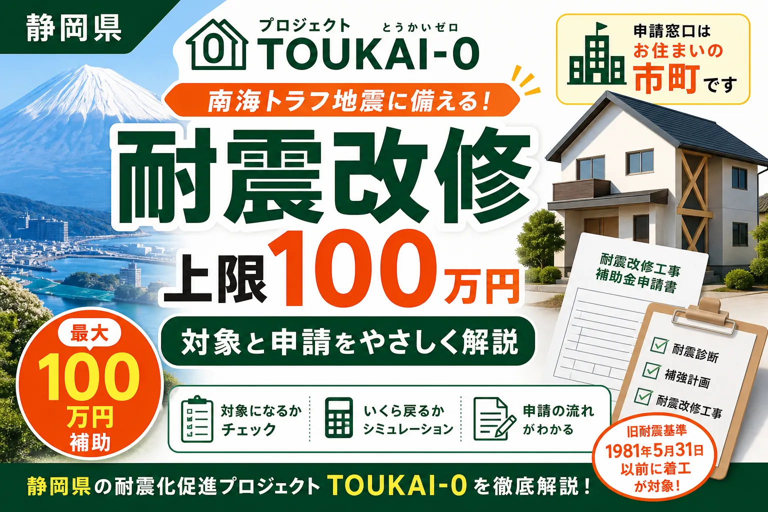 静岡県TOUKAI-0|耐震改修上限100万円の対象と申請