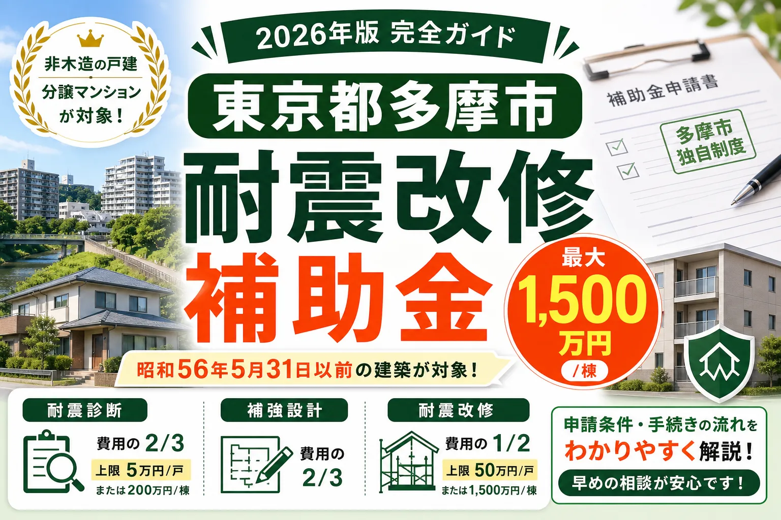 【東京都多摩市】耐震改修補助金は最大1500万円|2026年版完全ガイド