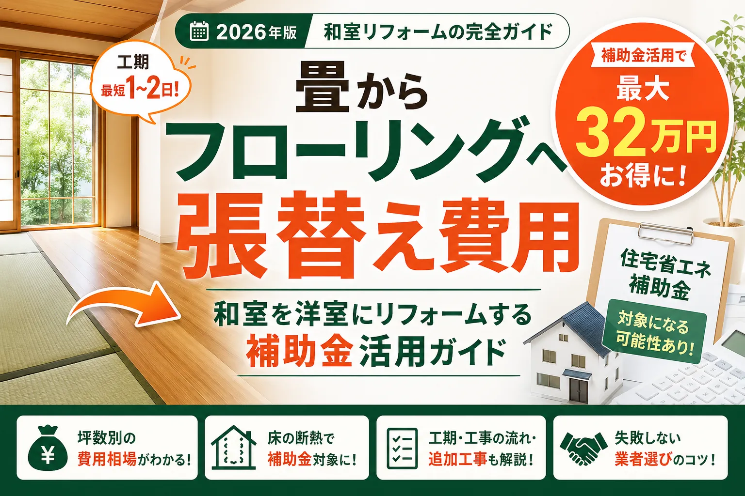 畳からフローリングへの張替え費用は6畳15-30万円|補助金で実質半額にする方法