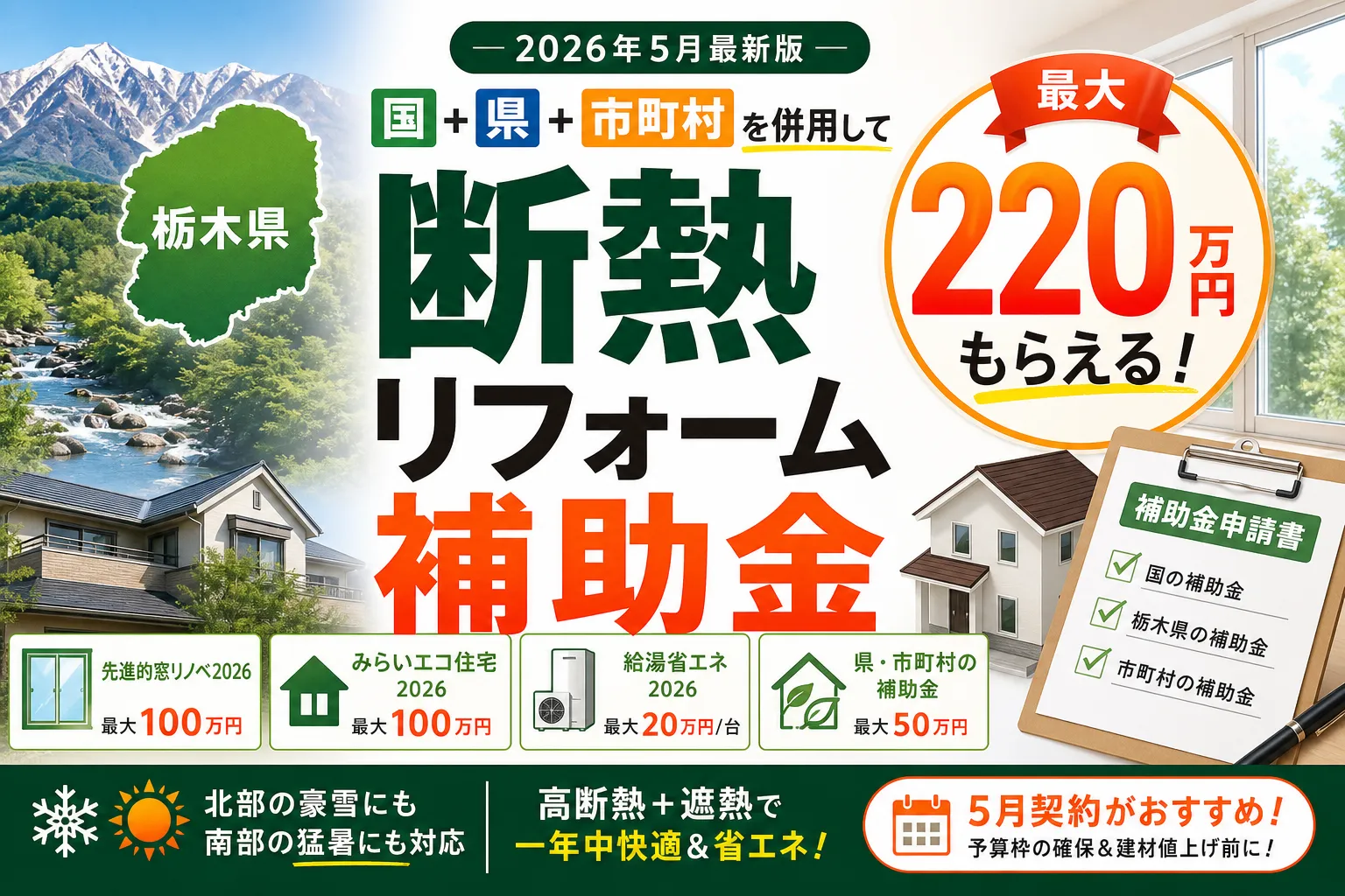 【栃木県】断熱リフォーム補助金は最大220万円|2026年8月最新の国+県+市町村ガイド
