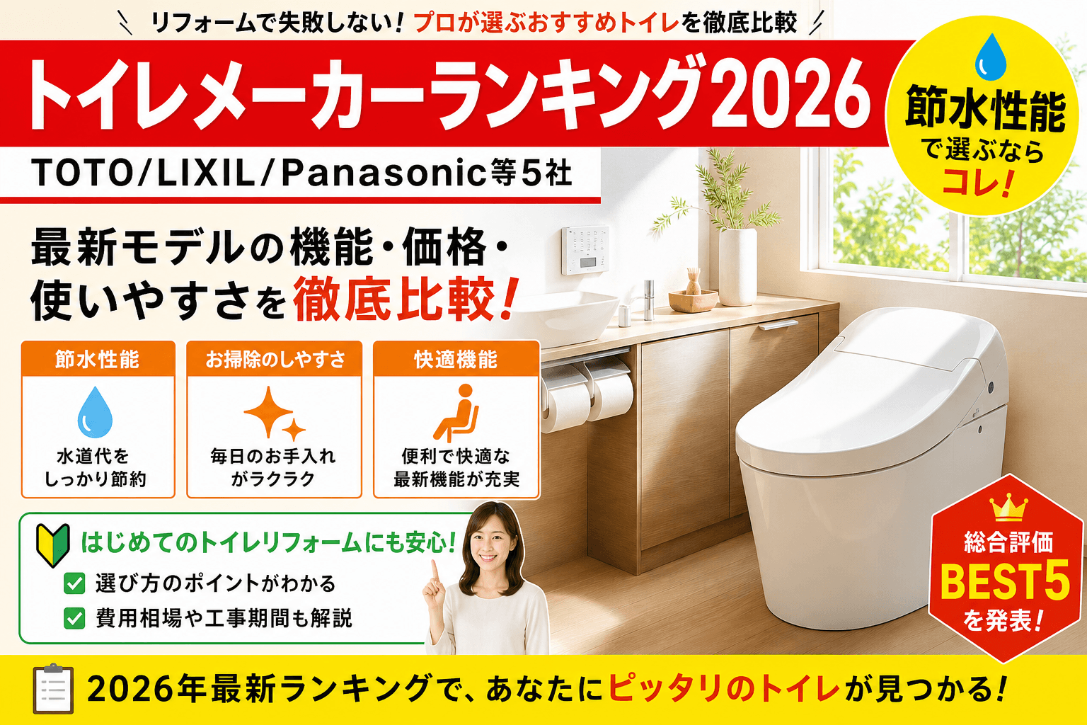 トイレメーカーランキング2026|TOTO/LIXIL/Panasonic等5社の節水・価格・受注状況