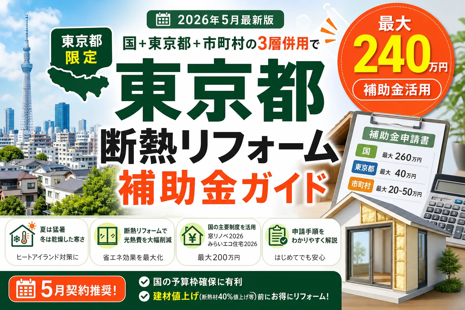 【東京都】断熱リフォーム補助金は最大240万円|2026年8月最新の国+県+市町村ガイド