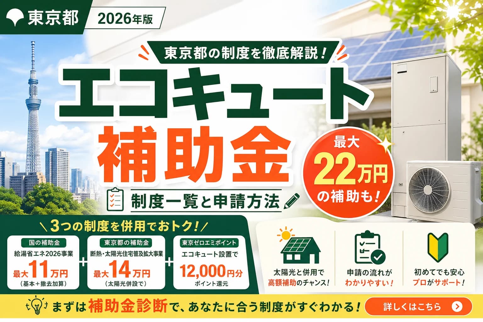 【2026】東京都のエコキュート補助金|国と都併用で最大33万円