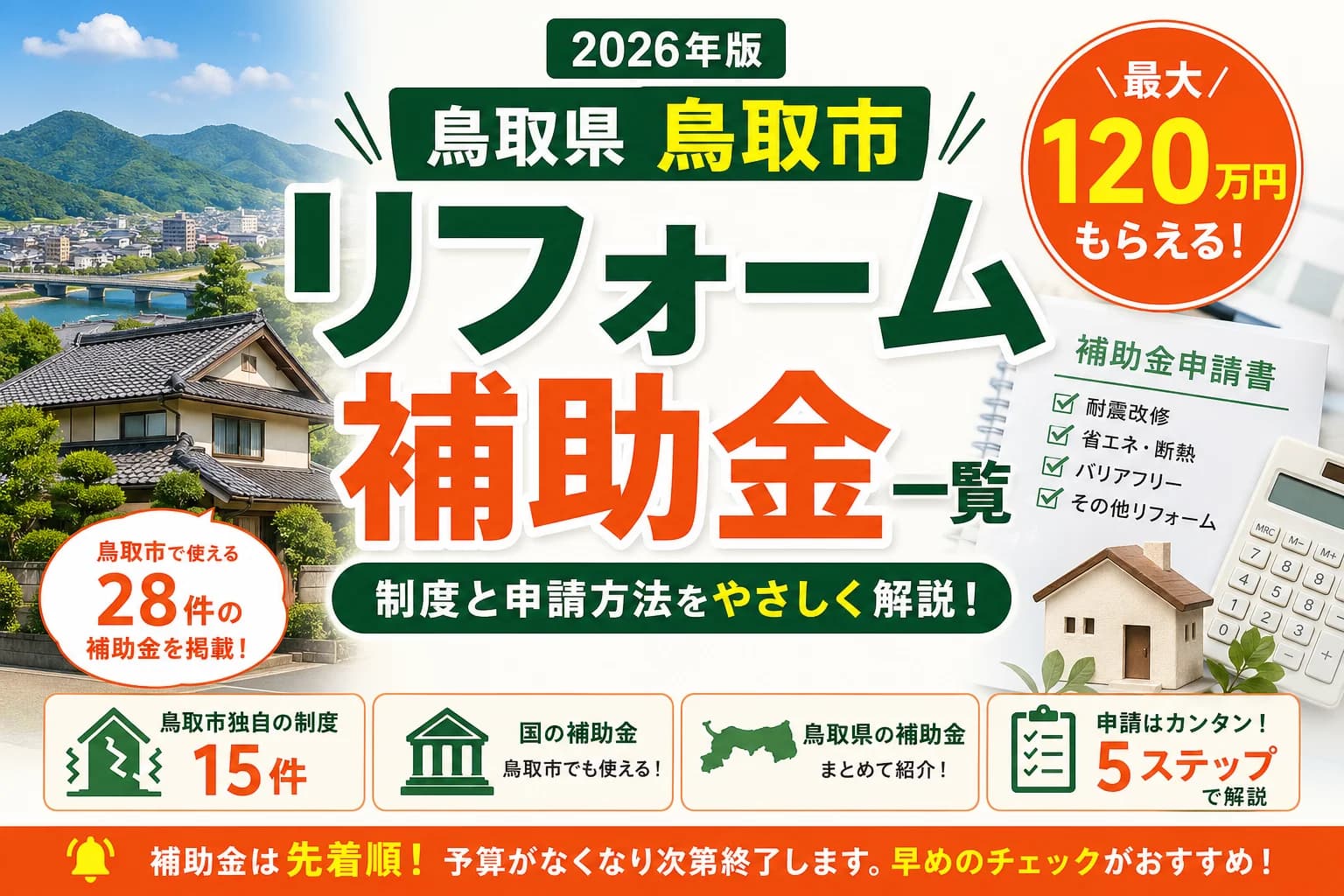 鳥取市のリフォーム補助金2026|最大約430万円の一覧と申請手順