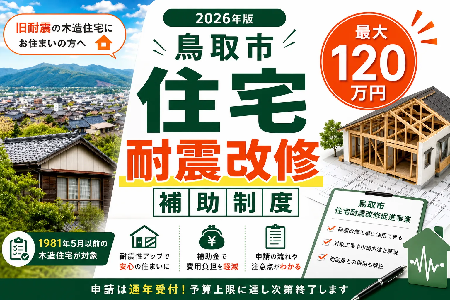 【鳥取県鳥取市】耐震改修補助金は最大120万円|2026年版完全ガイド