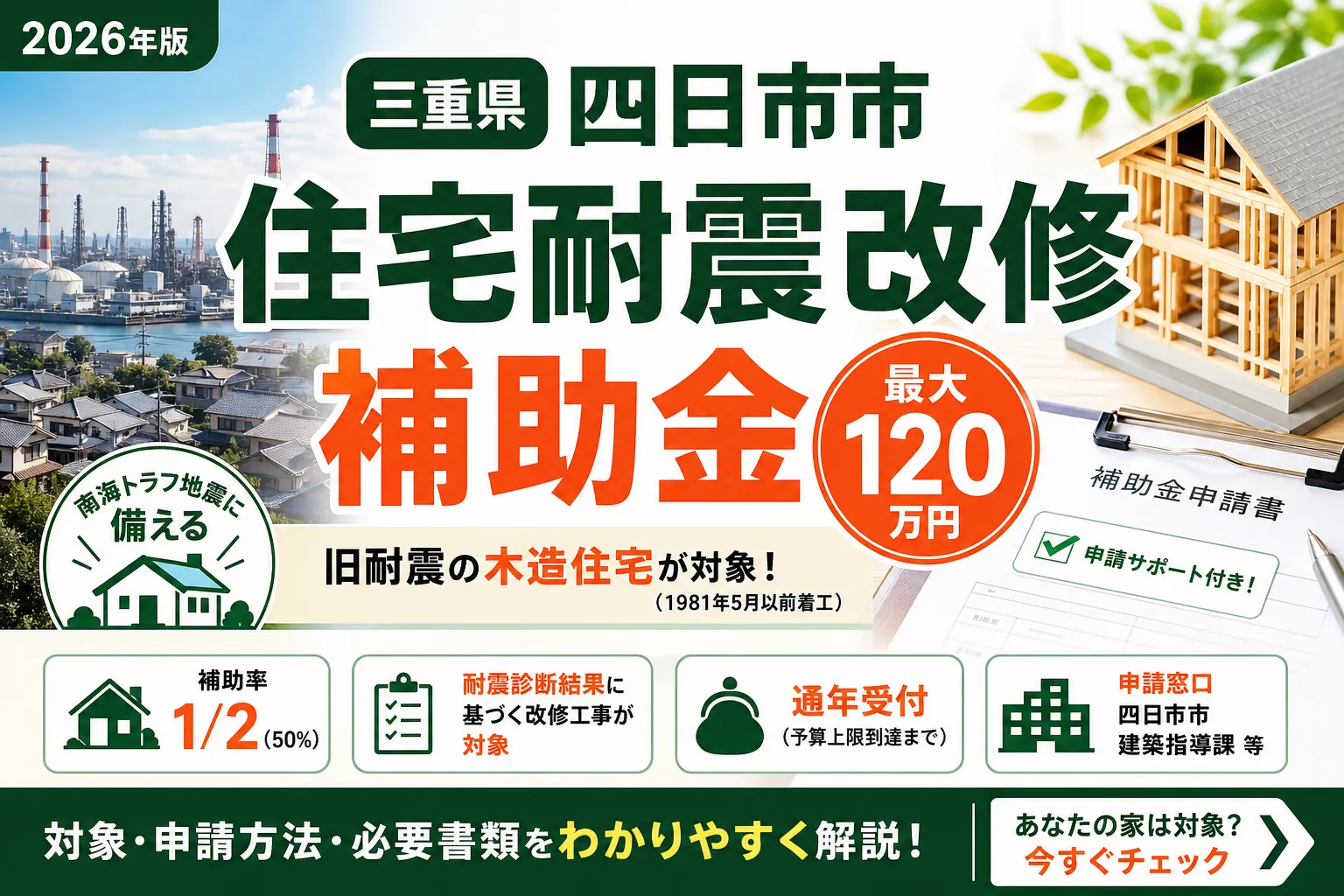【三重県四日市市】耐震改修補助金は最大120万円|2026年版完全ガイド