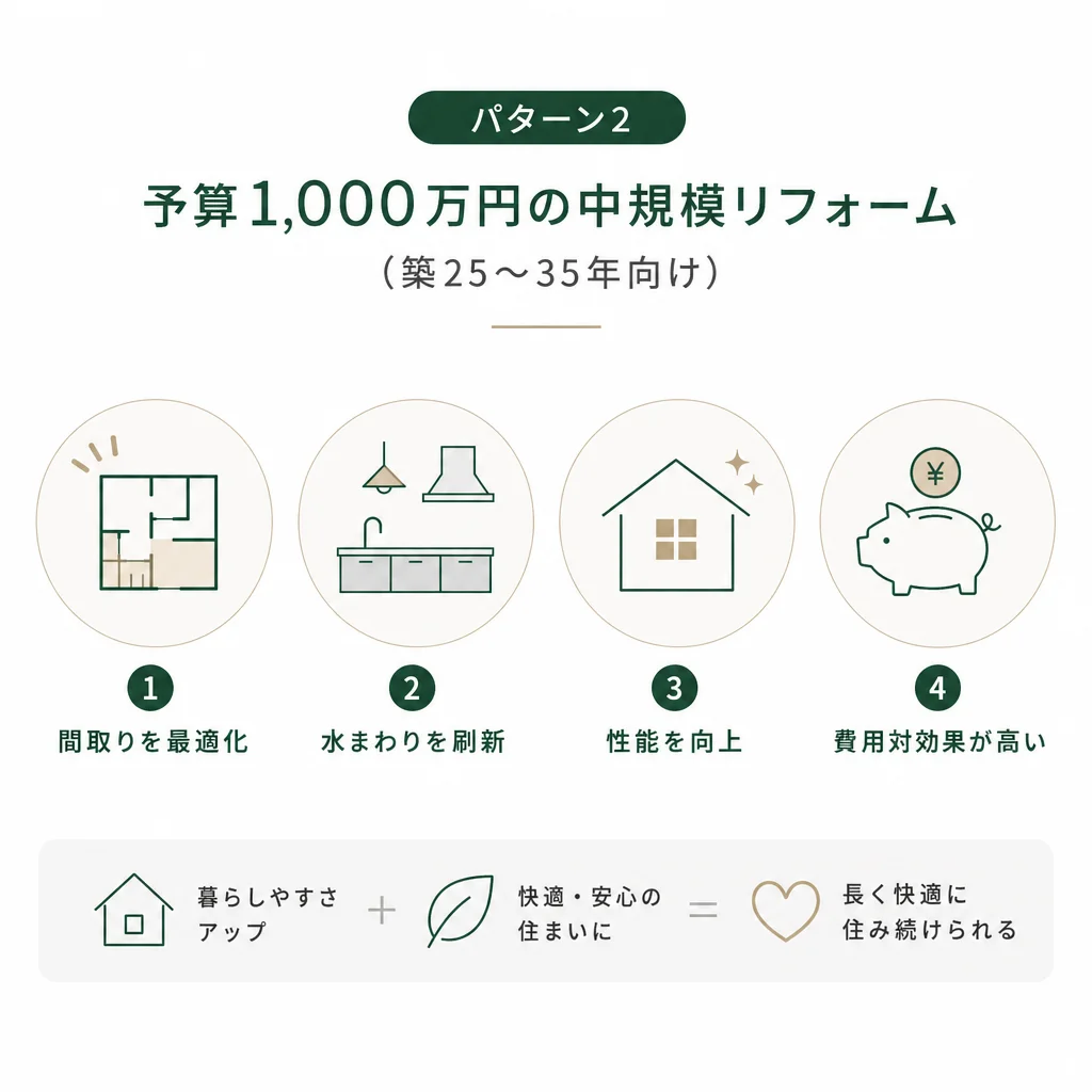 パターン2｜予算1,000万円の中規模リフォーム（築25〜35年向け）のイメージ図