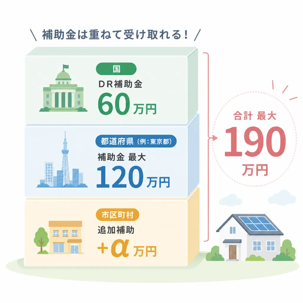 蓄電池補助金 国×都道府県×市区町村の併用構造図